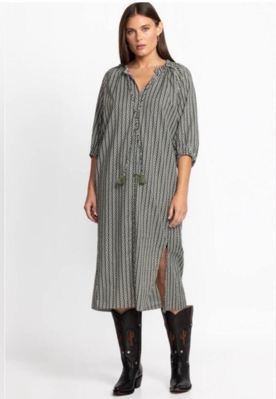 JOHNNY WAS CALME Split Ruffle Neck Liya Midi Dress in Olive Black Cream
